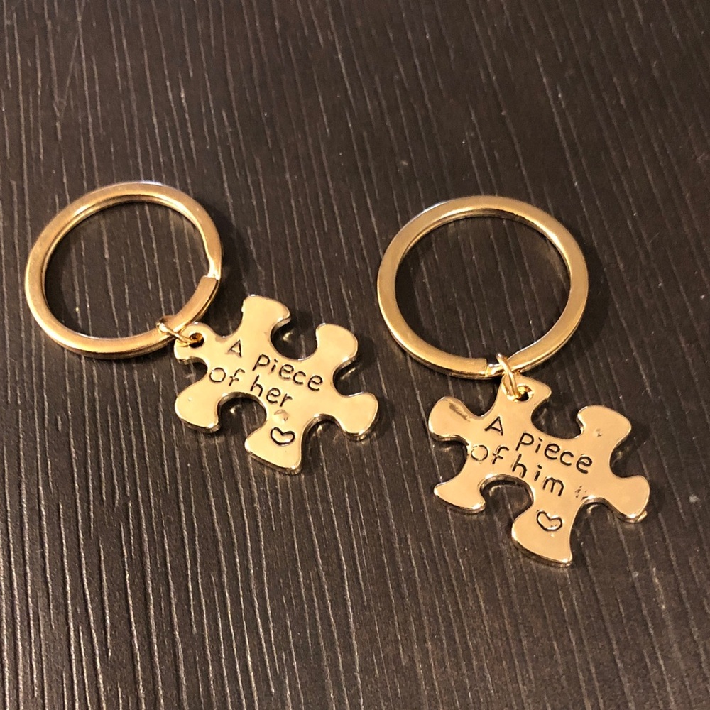Gold Puzzle Piece Keychain Set - "A Piece of Him/Her"